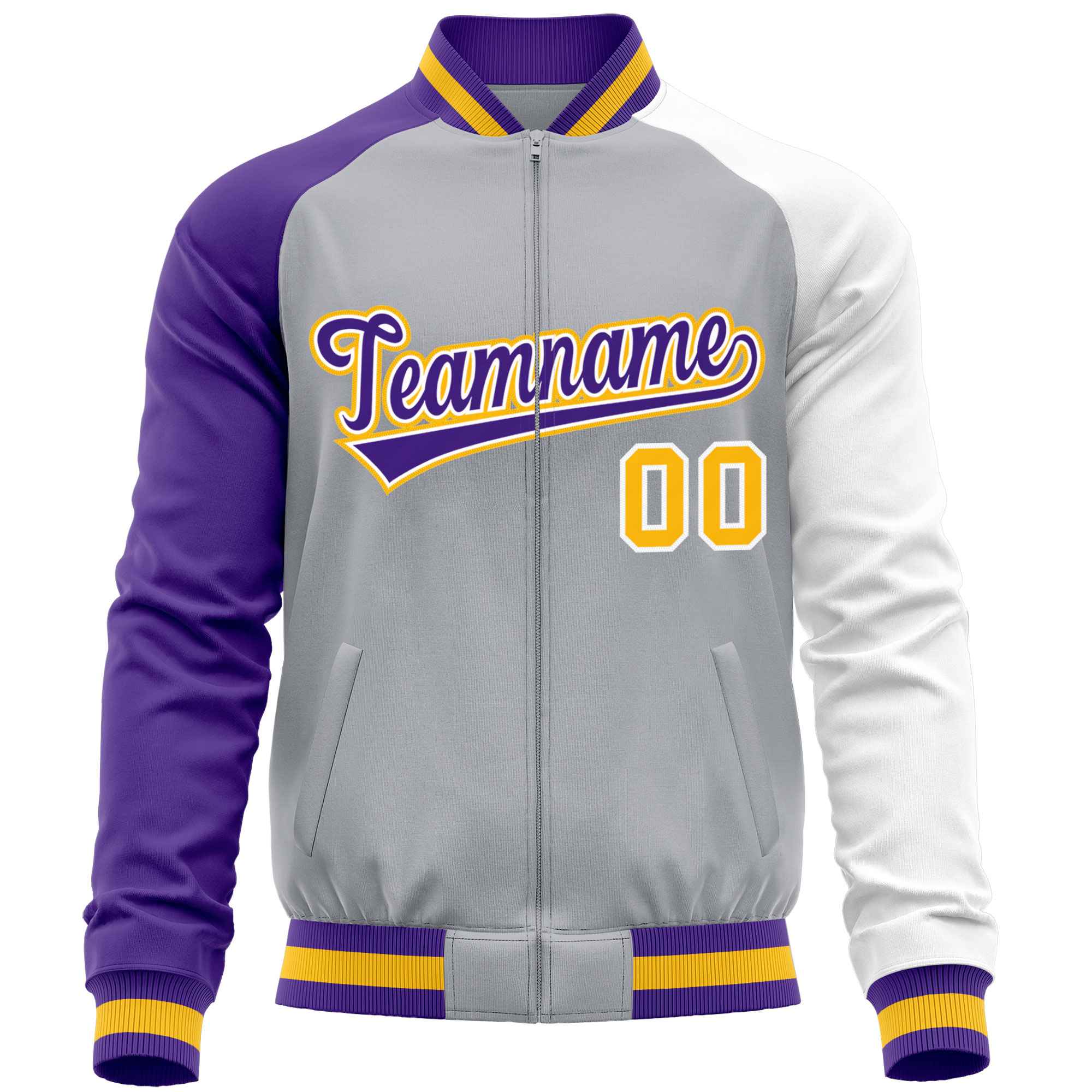 Custom Gray White-Purple Varsity Full-Zip Raglan Sleeves Letterman Baseball Jacket