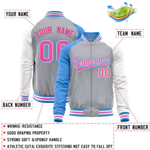 Custom Gray White-Powder Blue Varsity Full-Zip Raglan Sleeves Letterman Baseball Jacket