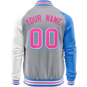 Custom Gray White-Powder Blue Varsity Full-Zip Raglan Sleeves Letterman Baseball Jacket