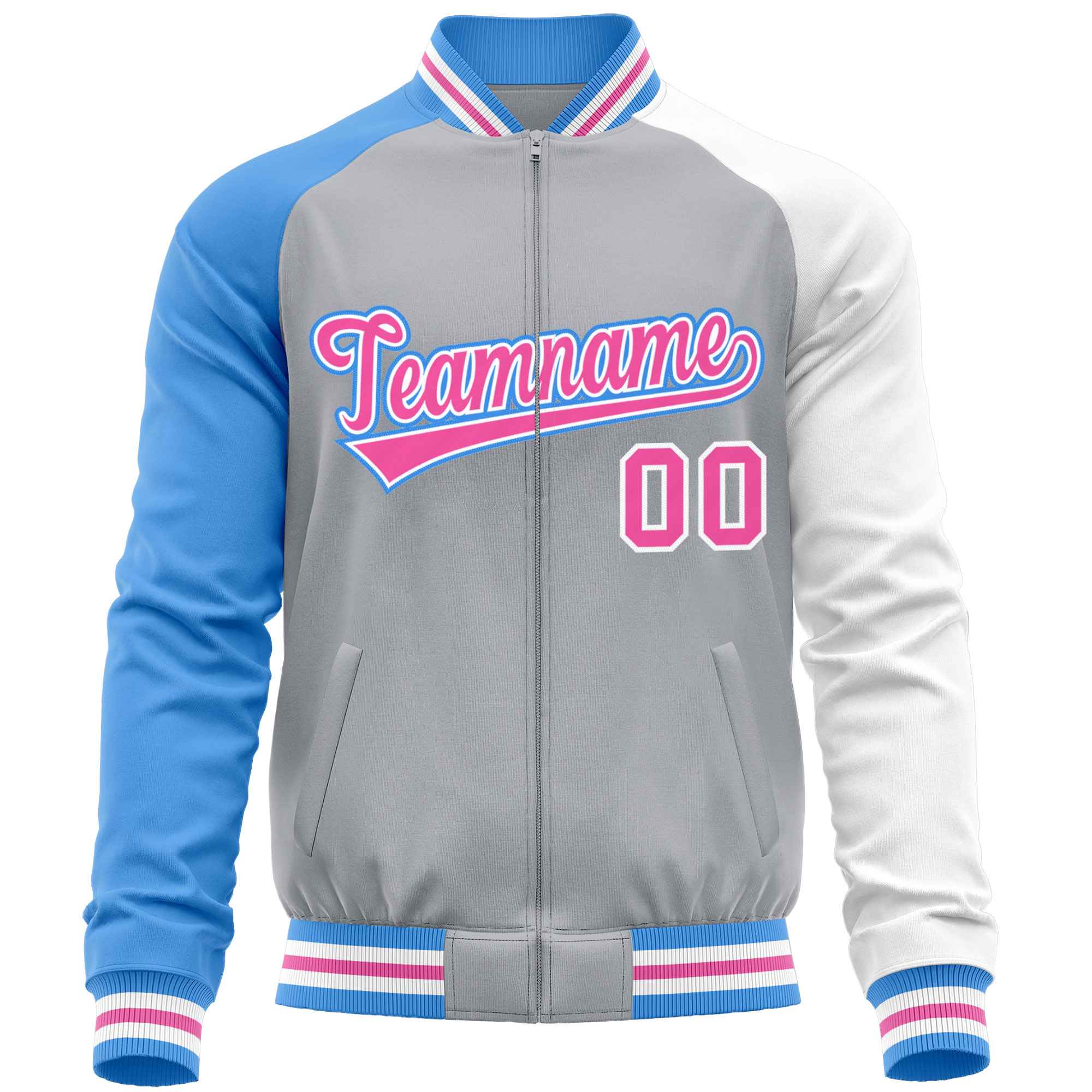 Custom Gray White-Powder Blue Varsity Full-Zip Raglan Sleeves Letterman Baseball Jacket