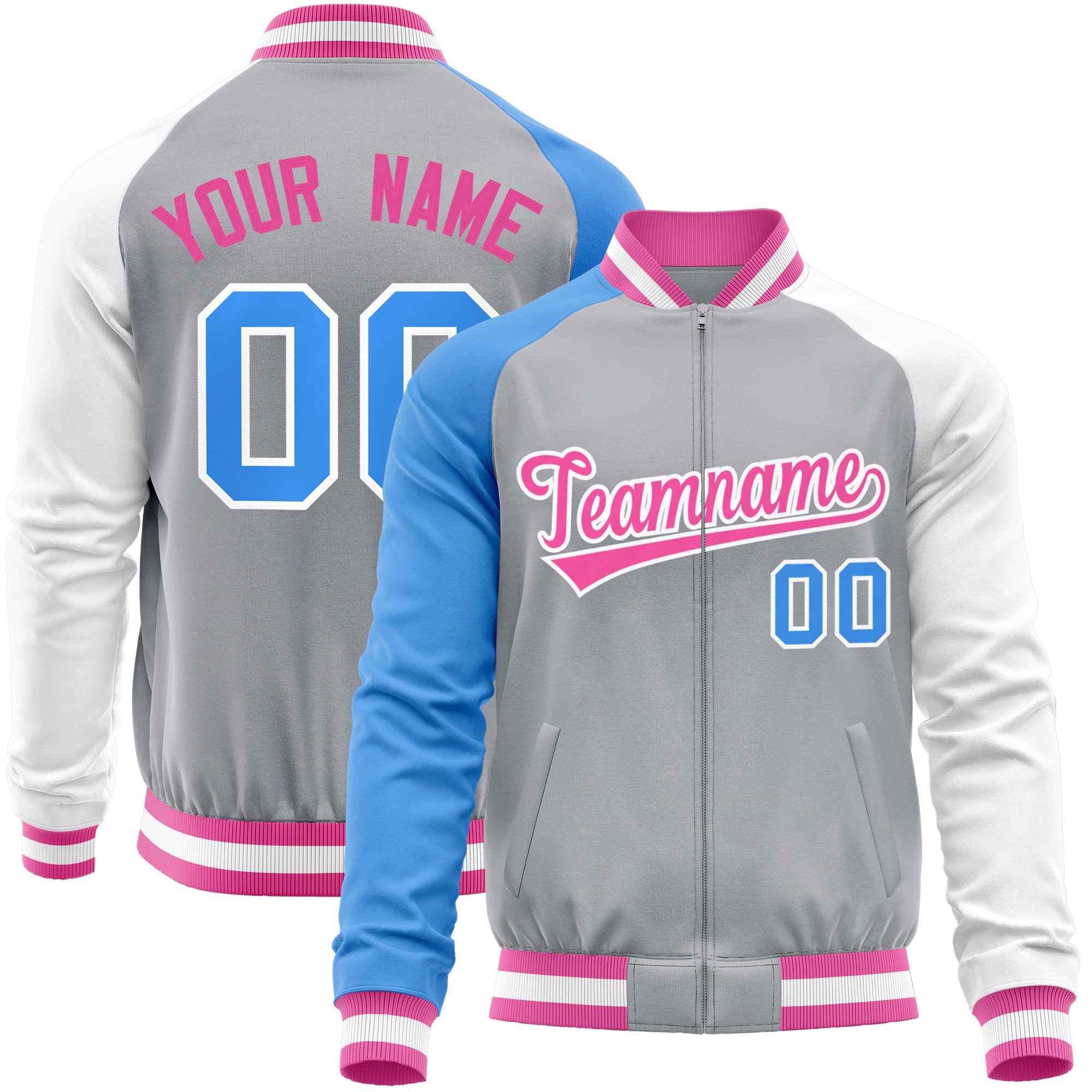 Custom Gray White-Powder Blue Varsity Full-Zip Raglan Sleeves Letterman Baseball Jacket