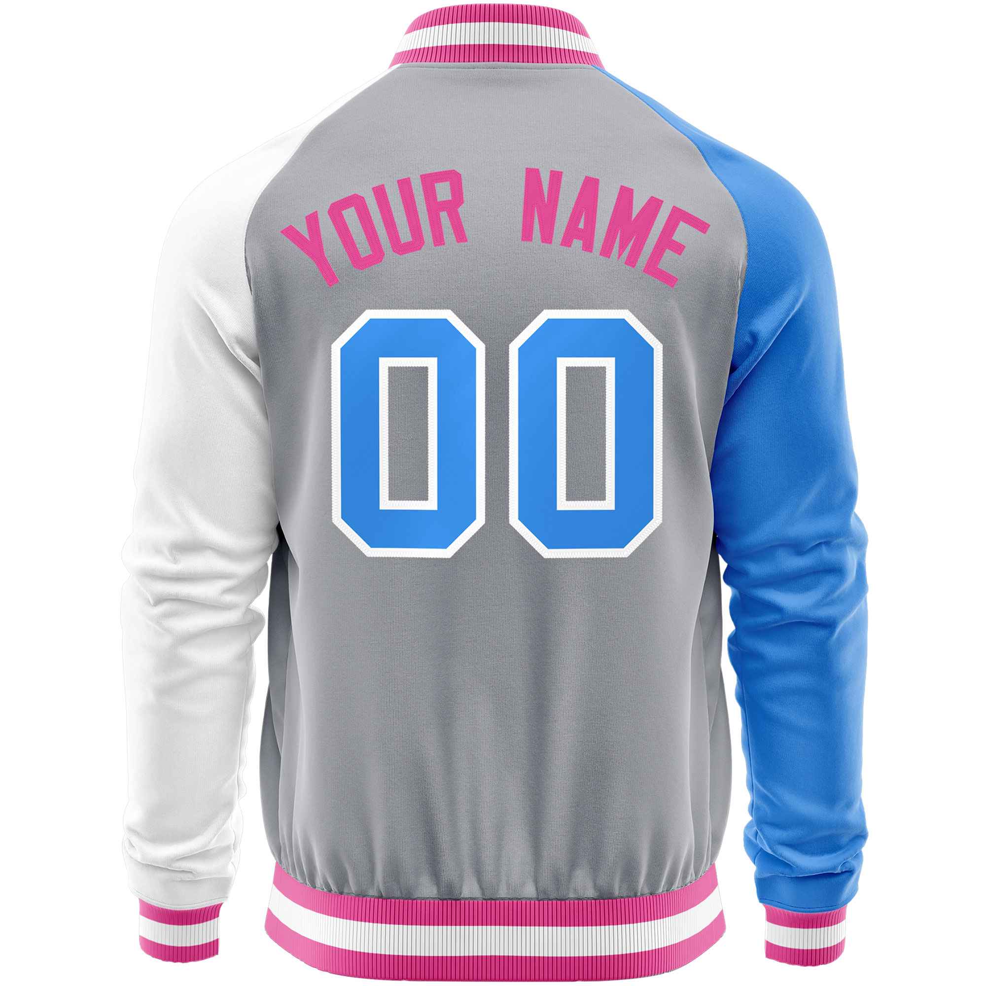 Custom Gray White-Powder Blue Varsity Full-Zip Raglan Sleeves Letterman Baseball Jacket