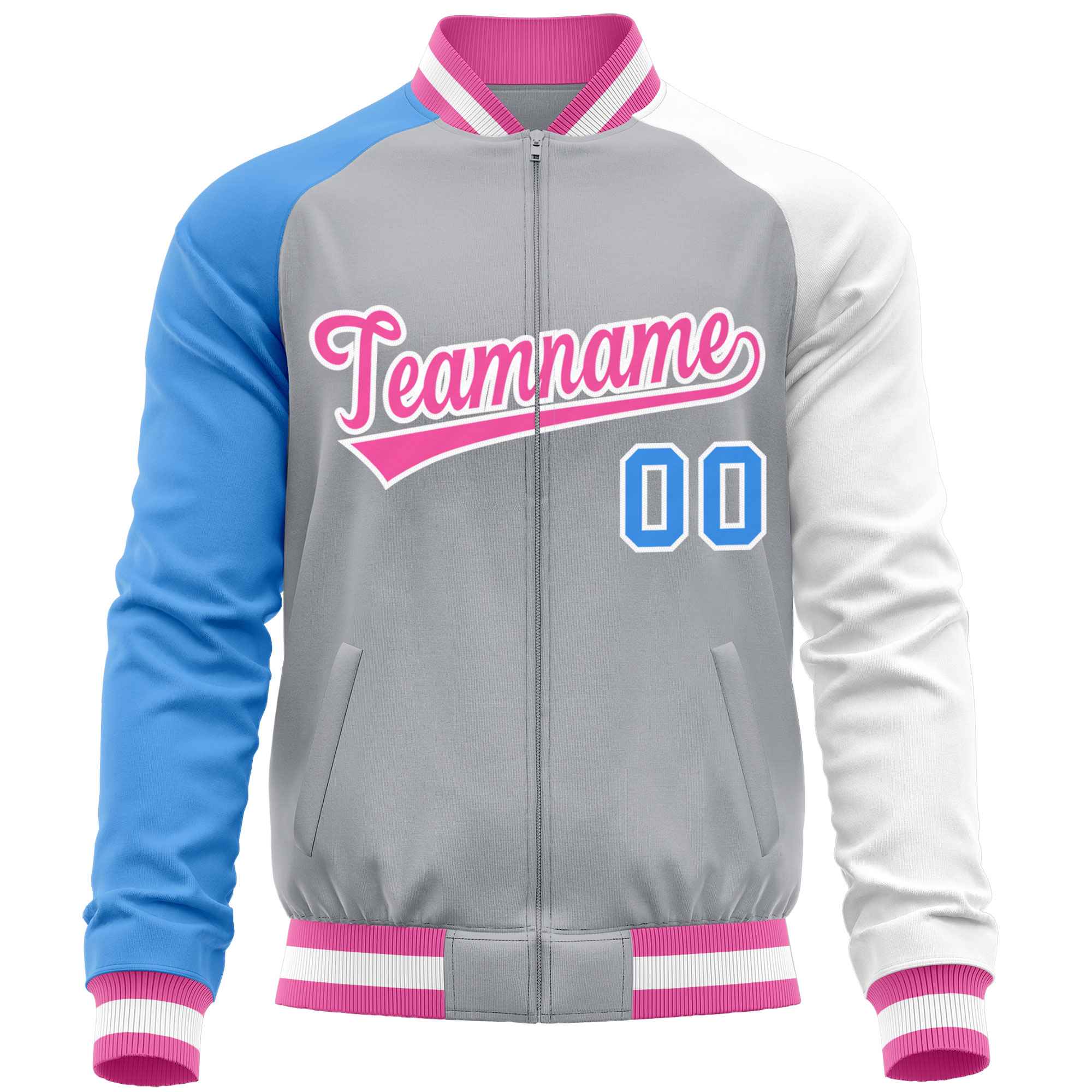 Custom Gray White-Powder Blue Varsity Full-Zip Raglan Sleeves Letterman Baseball Jacket