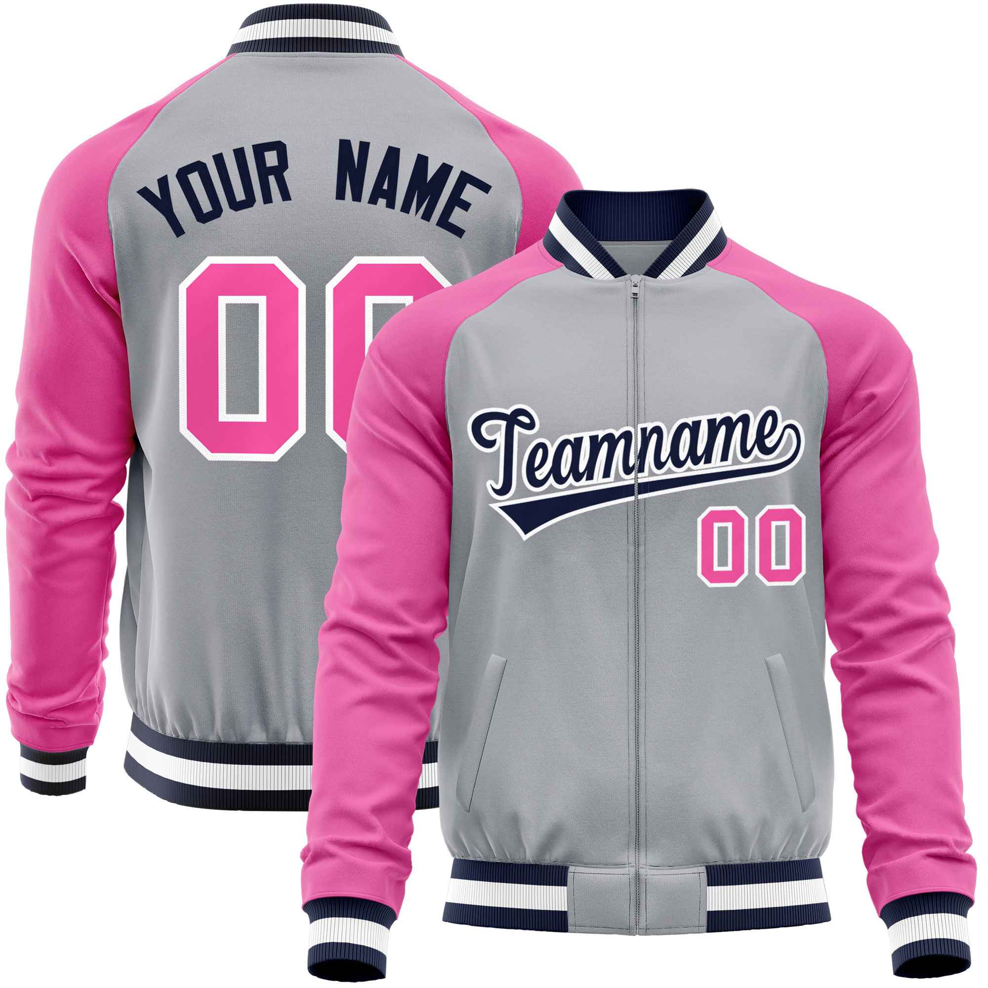 Custom Gray Pink Varsity Full-Zip Raglan Sleeves Letterman Baseball Jacket