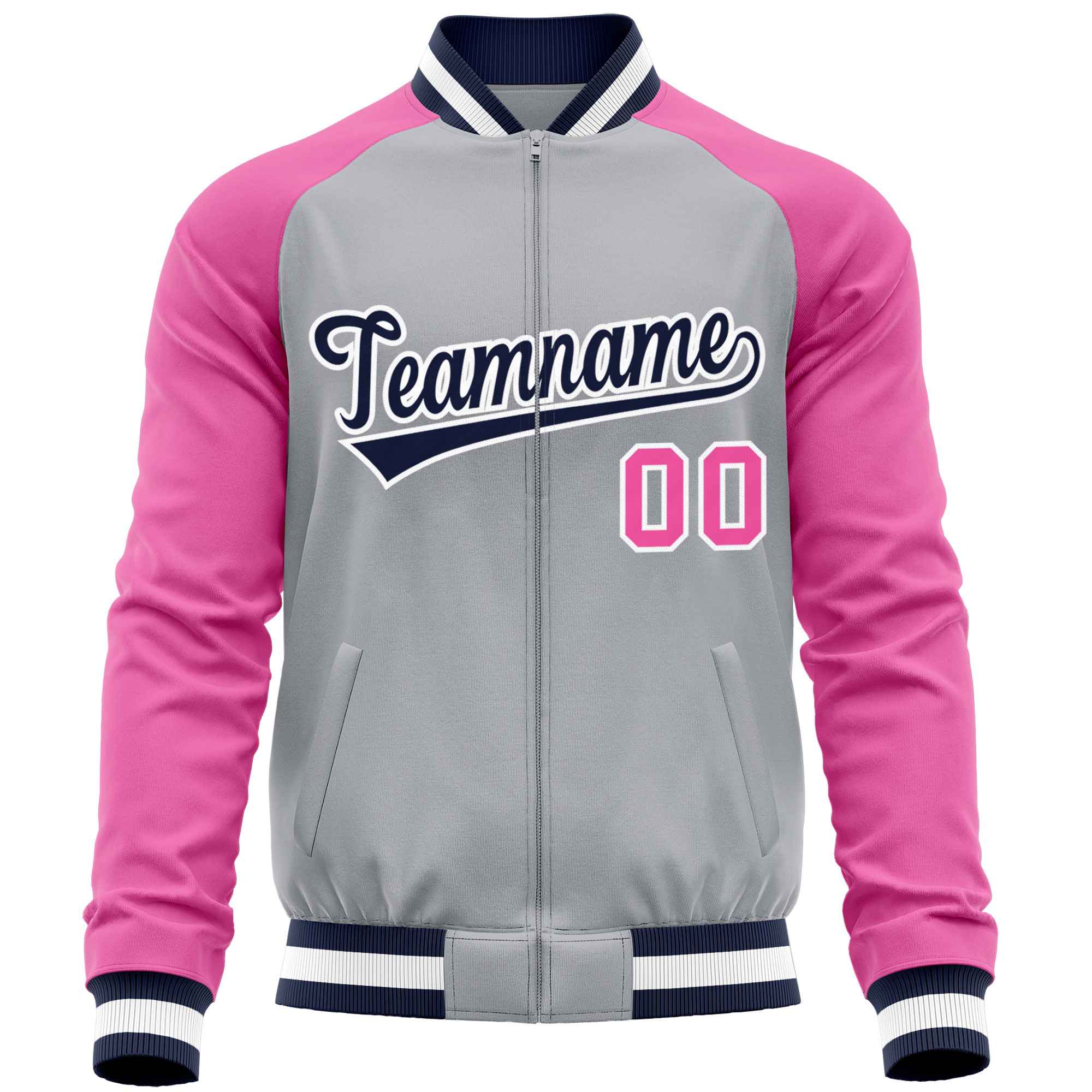 Custom Gray Pink Varsity Full-Zip Raglan Sleeves Letterman Baseball Jacket