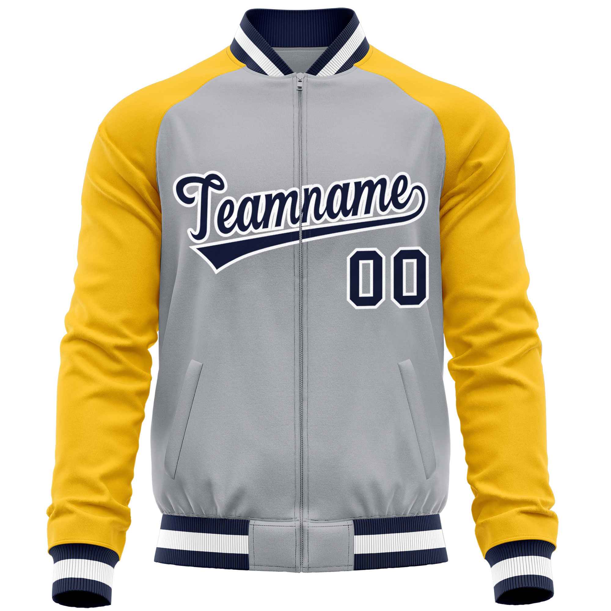 Custom Gray Yellow Varsity Full-Zip Raglan Sleeves Letterman Baseball Jacket