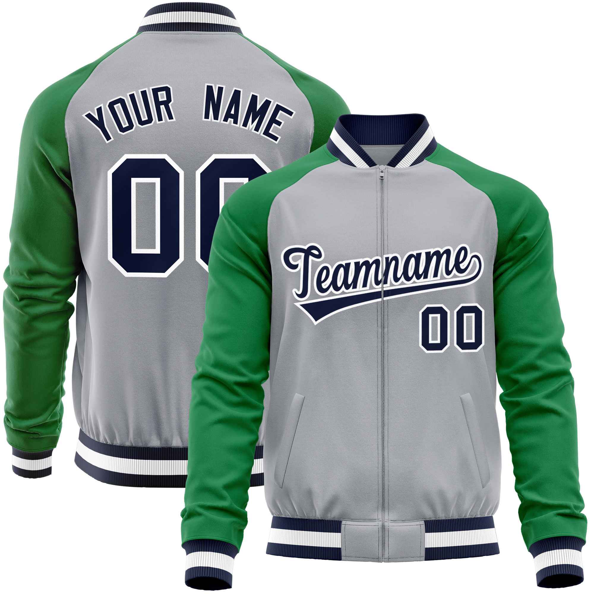 Custom Gray Kelly Green Varsity Full-Zip Raglan Sleeves Letterman Baseball Jacket