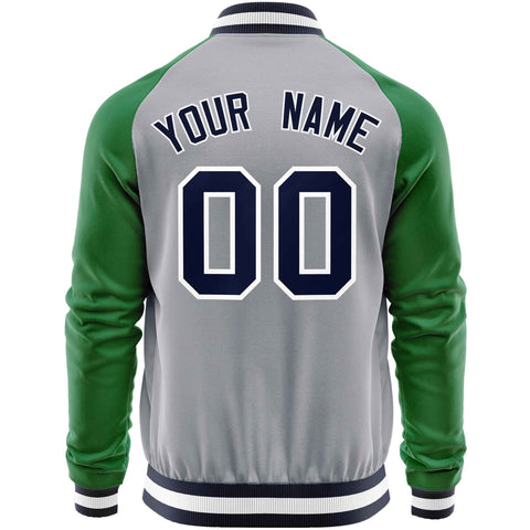 Custom Gray Kelly Green Varsity Full-Zip Raglan Sleeves Letterman Baseball Jacket