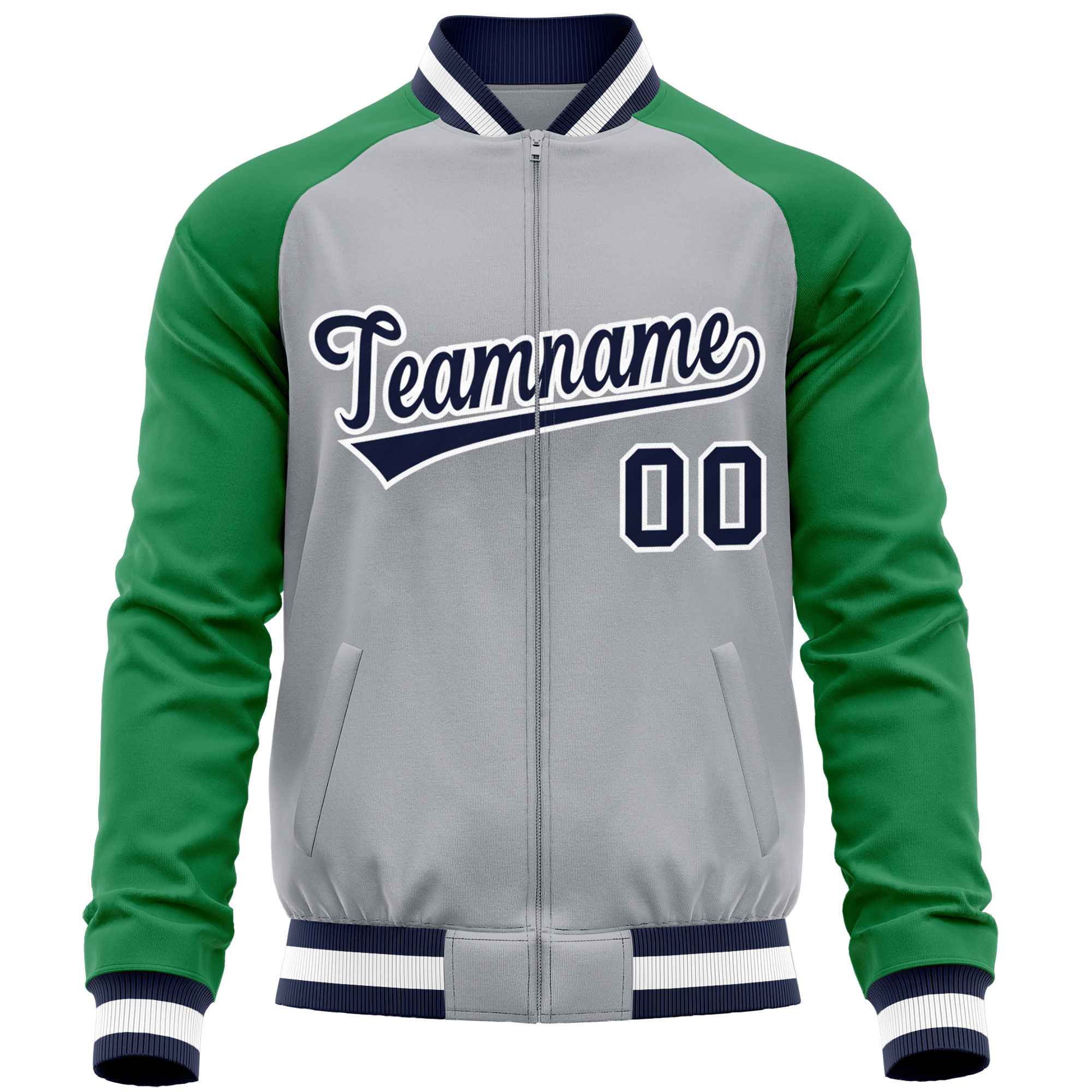 Custom Gray Kelly Green Varsity Full-Zip Raglan Sleeves Letterman Baseball Jacket