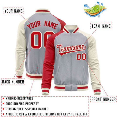 Custom Gray Cream-Red Varsity Full-Zip Raglan Sleeves Letterman Baseball Jacket
