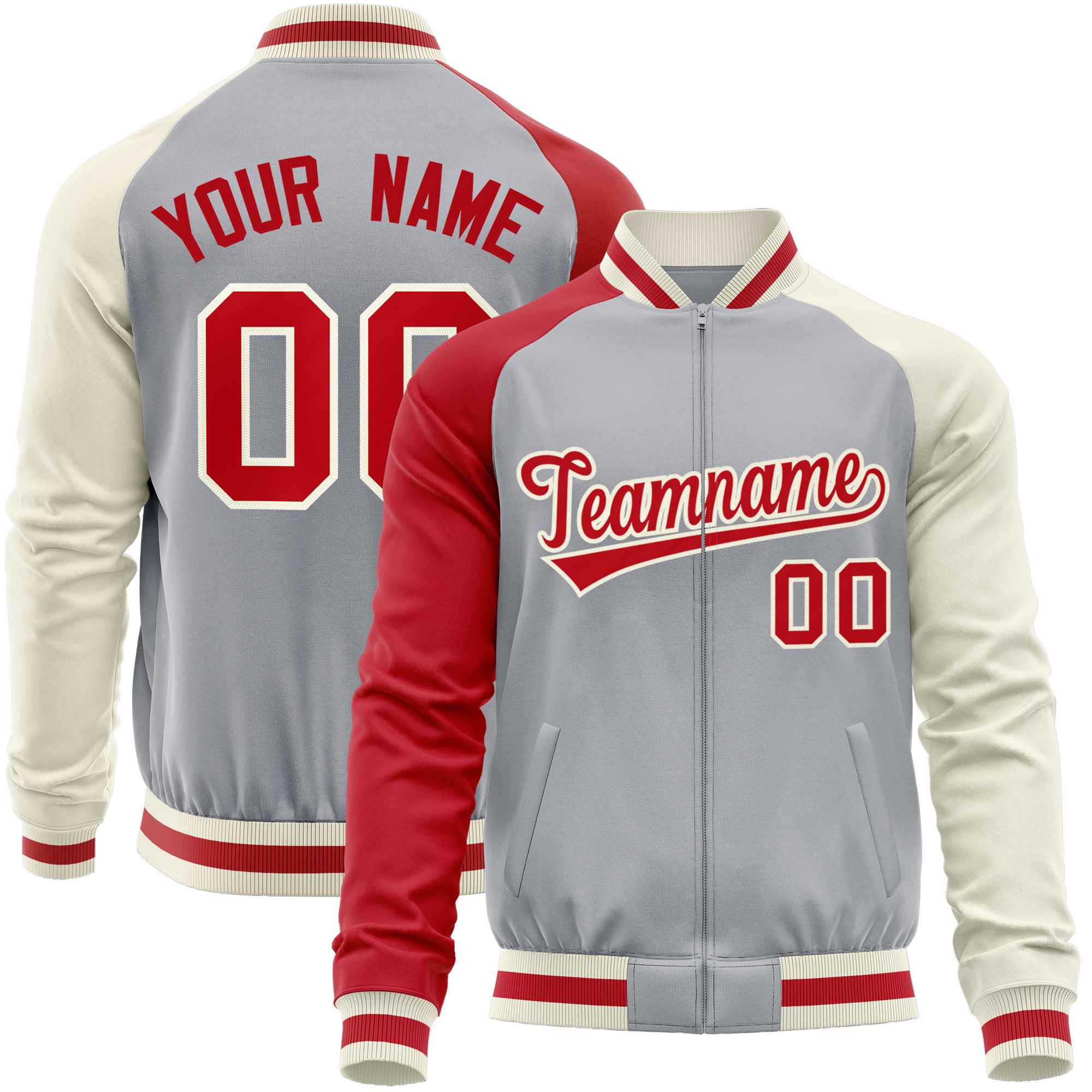 Custom Gray Cream-Red Varsity Full-Zip Raglan Sleeves Letterman Baseball Jacket