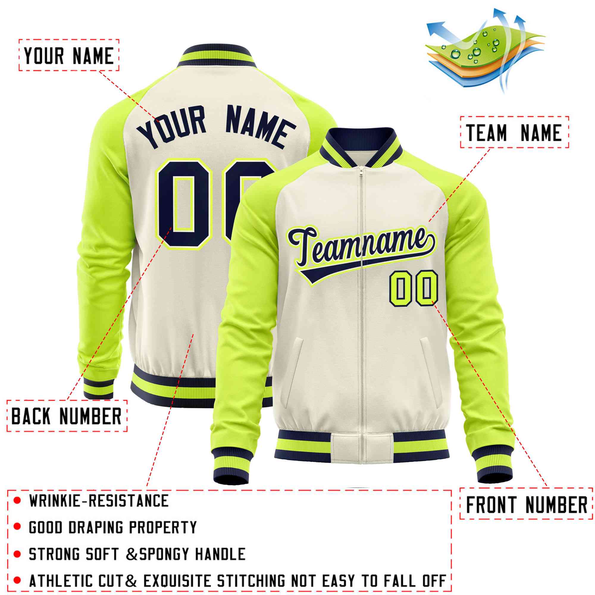 Custom Cream Neon Green Varsity Full-Zip Raglan Sleeves Letterman Baseball Jacket