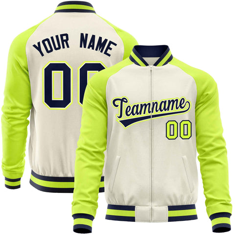 Custom Cream Neon Green Varsity Full-Zip Raglan Sleeves Letterman Baseball Jacket