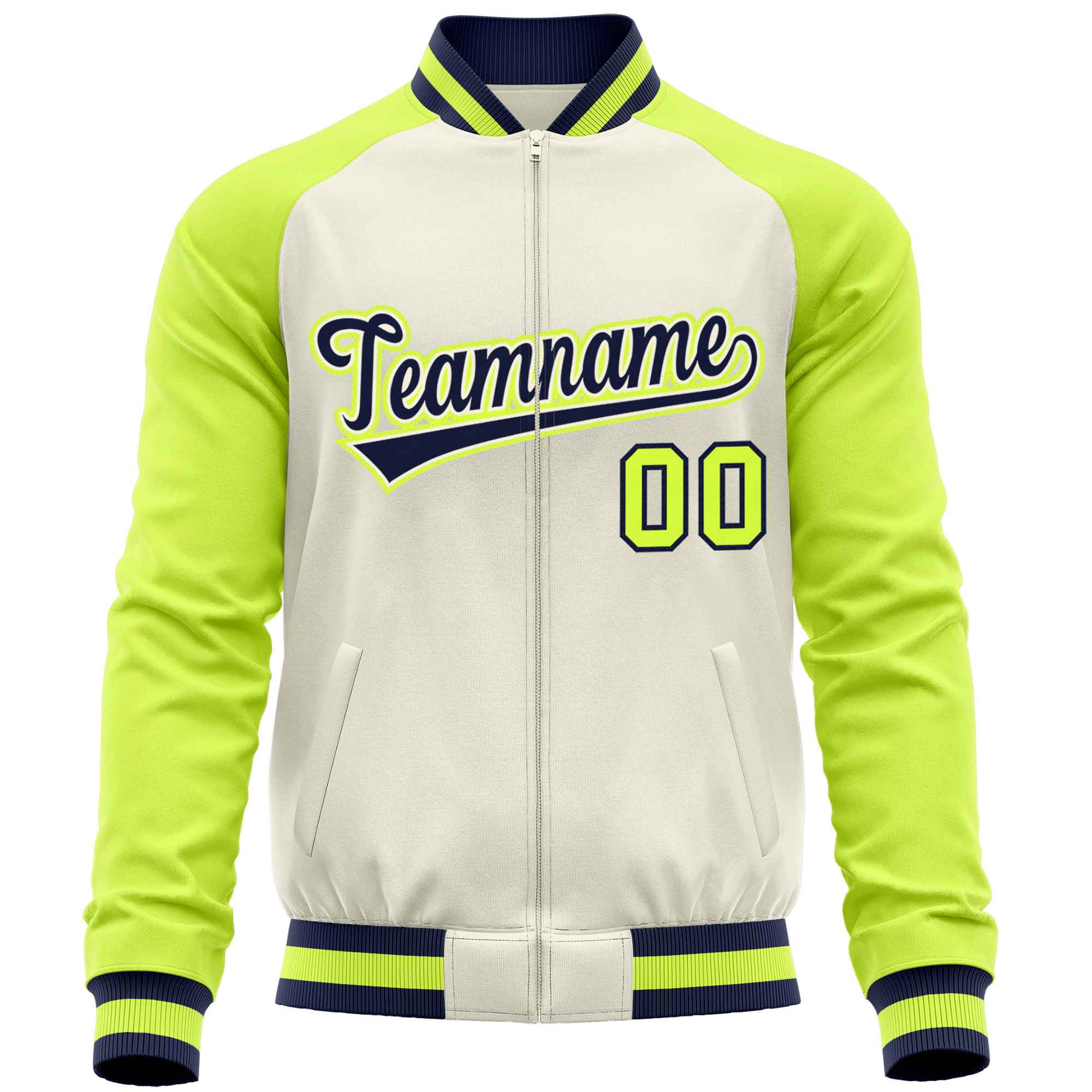 Custom Cream Neon Green Varsity Full-Zip Raglan Sleeves Letterman Baseball Jacket