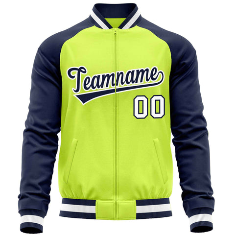 Custom Neon Green Navy Varsity Full-Zip Raglan Sleeves Letterman Baseball Jacket