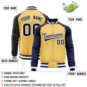 Custom Yellow Navy Varsity Full-Zip Raglan Sleeves Letterman Baseball Jacket