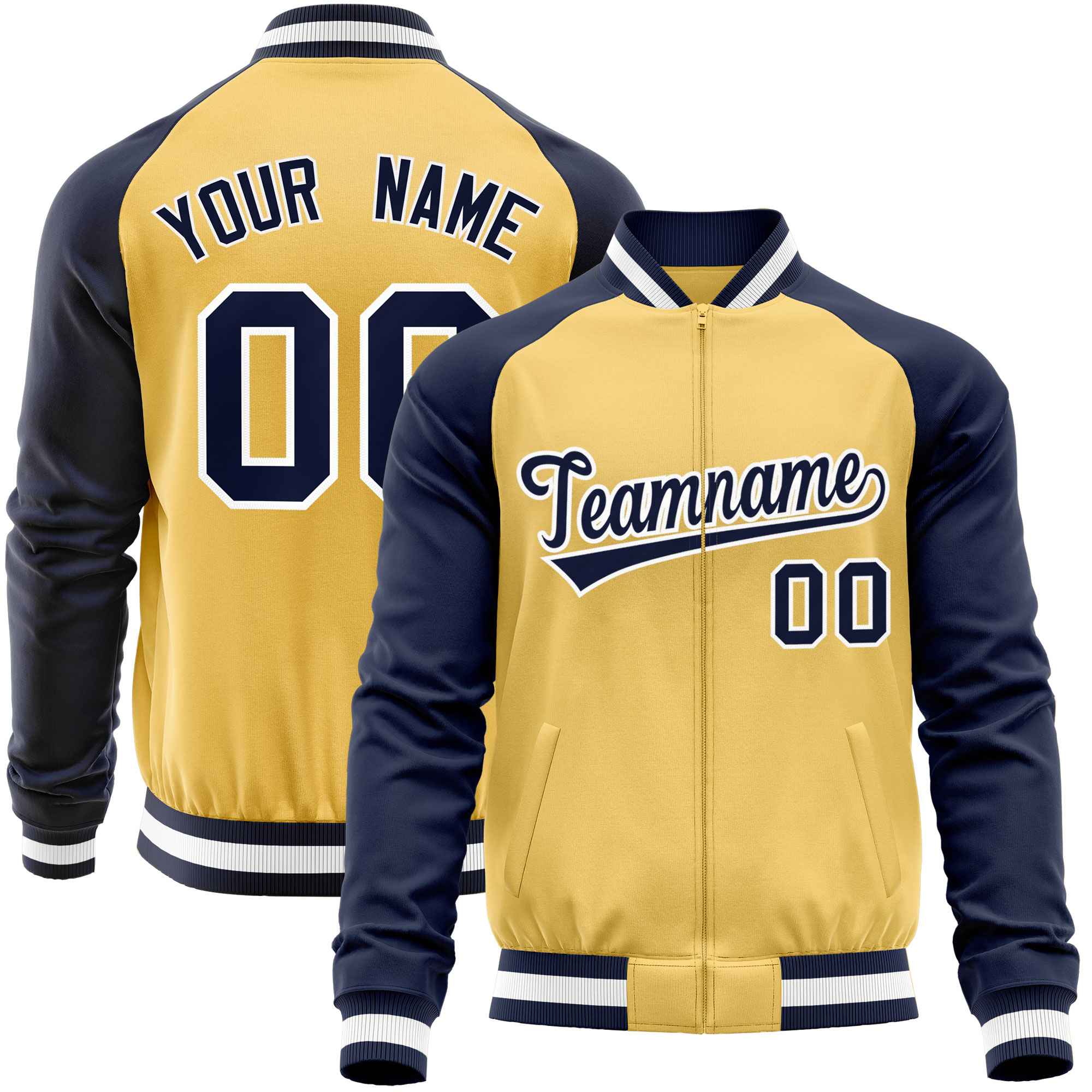 Custom Yellow Navy Varsity Full-Zip Raglan Sleeves Letterman Baseball Jacket