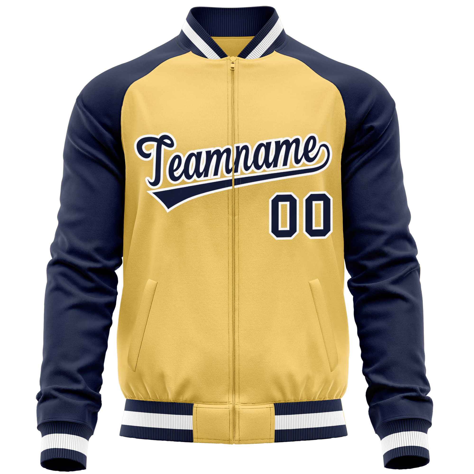 Custom Yellow Navy Varsity Full-Zip Raglan Sleeves Letterman Baseball Jacket