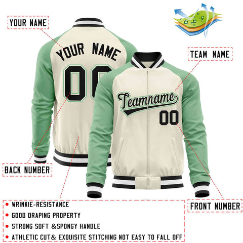 Custom Cream Light Green Varsity Full-Zip Raglan Sleeves Letterman Baseball Jacket