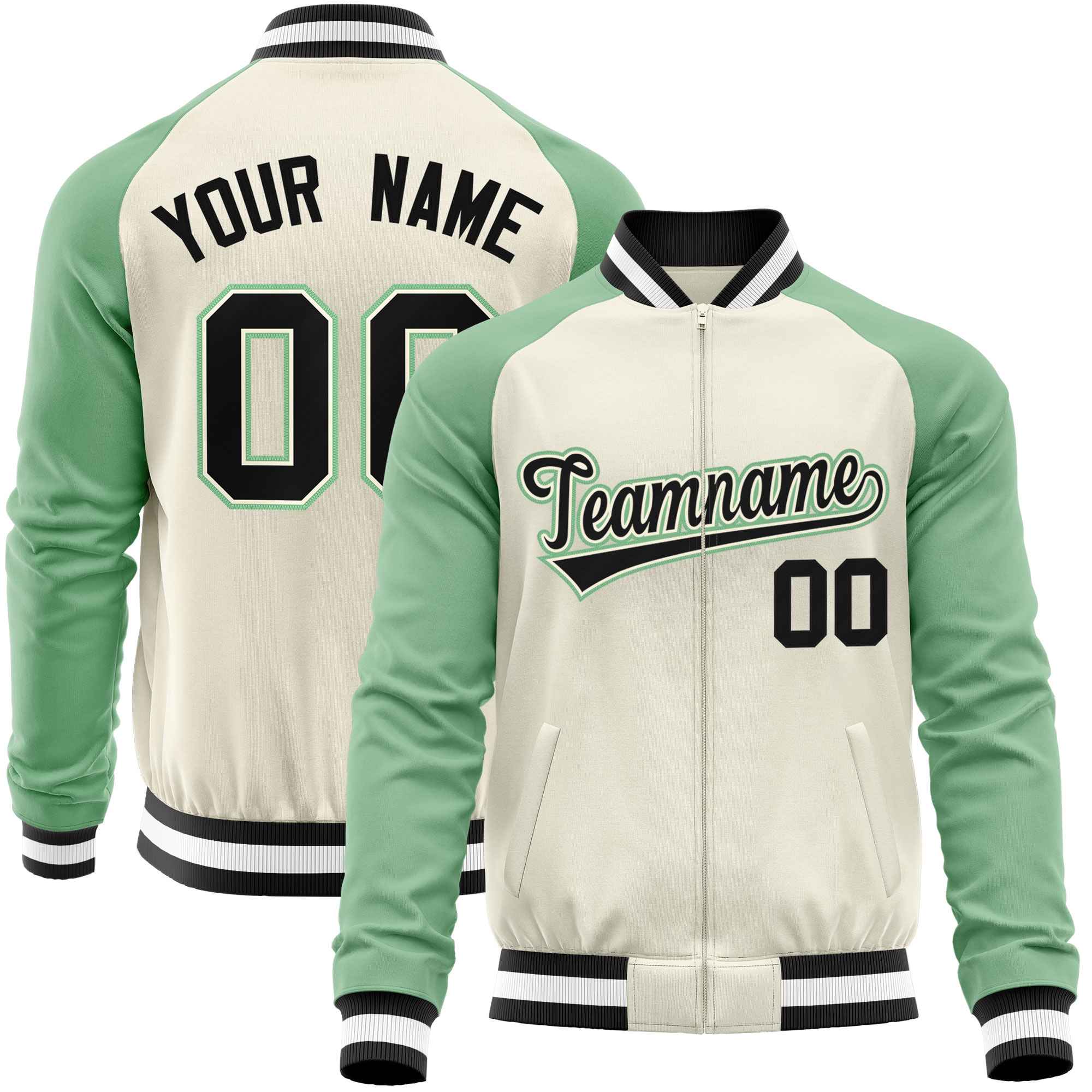 Custom Cream Light Green Varsity Full-Zip Raglan Sleeves Letterman Baseball Jacket