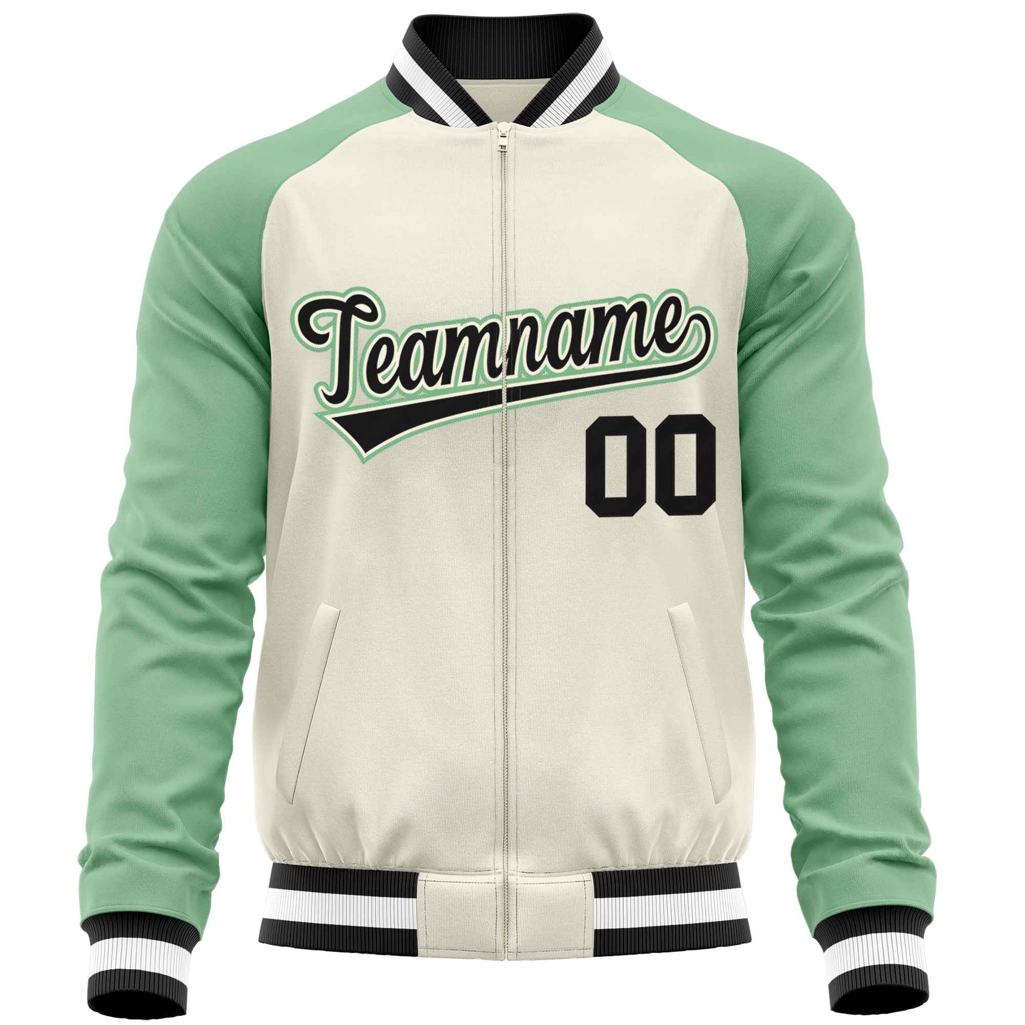 Custom Cream Light Green Varsity Full-Zip Raglan Sleeves Letterman Baseball Jacket