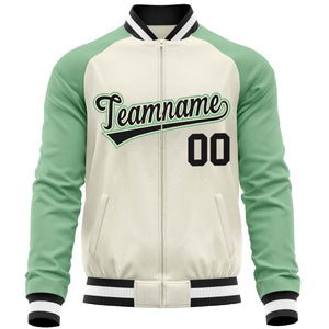 Custom Cream Light Green Varsity Full-Zip Raglan Sleeves Letterman Baseball Jacket