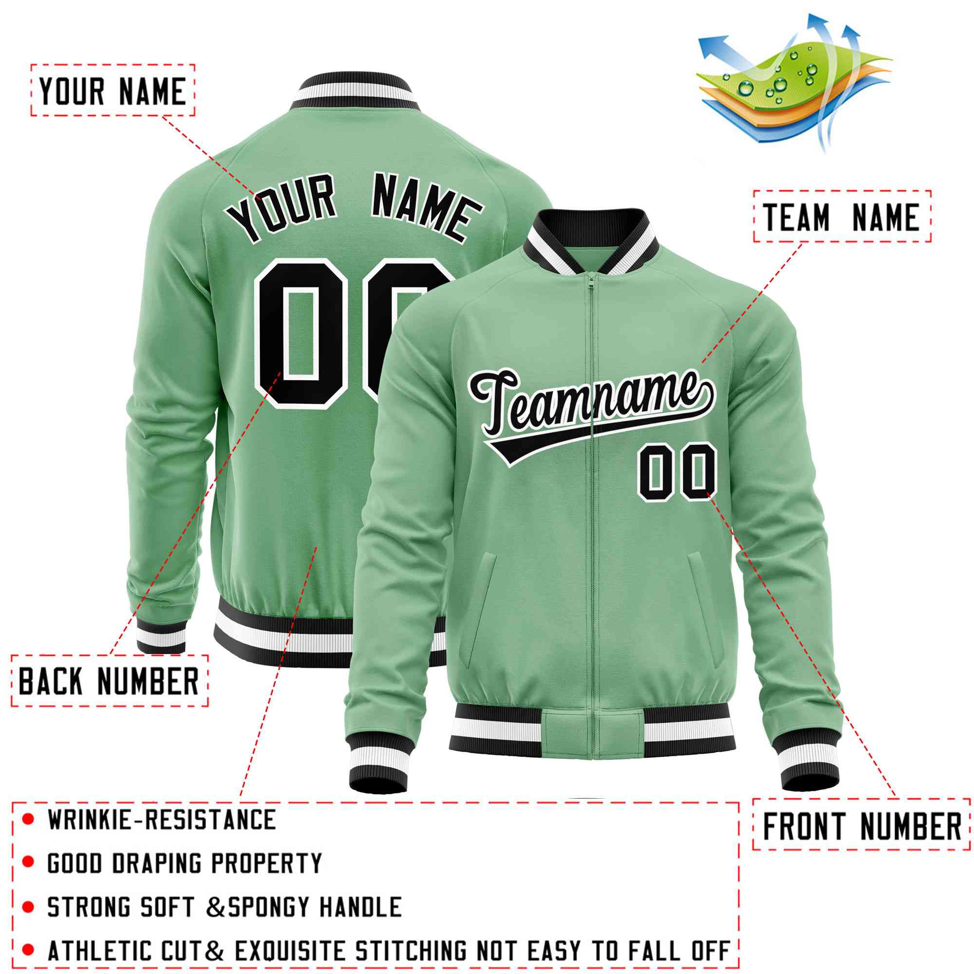 Custom Green Black Varsity Full-Zip Classic Style Letterman Baseball Jacket