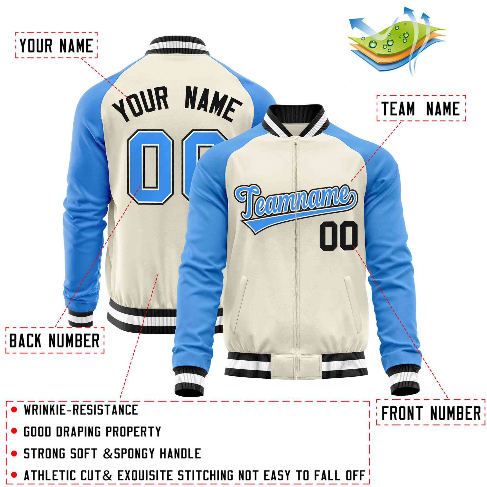 Custom Cream Powder Blue Varsity Full-Zip Raglan Sleeves Letterman Baseball Jacket