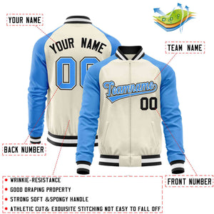 Custom Cream Powder Blue Varsity Full-Zip Raglan Sleeves Letterman Baseball Jacket