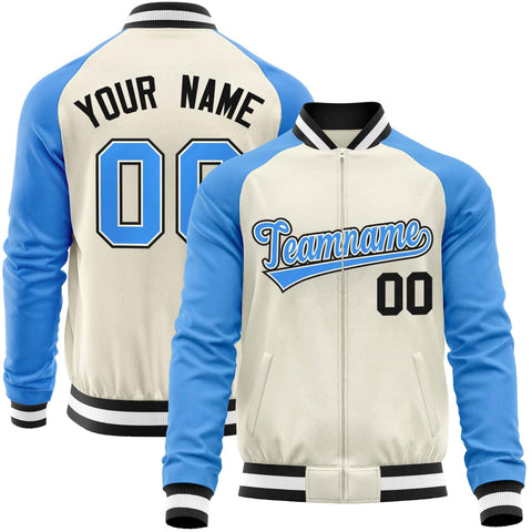Custom Cream Powder Blue Varsity Full-Zip Raglan Sleeves Letterman Baseball Jacket