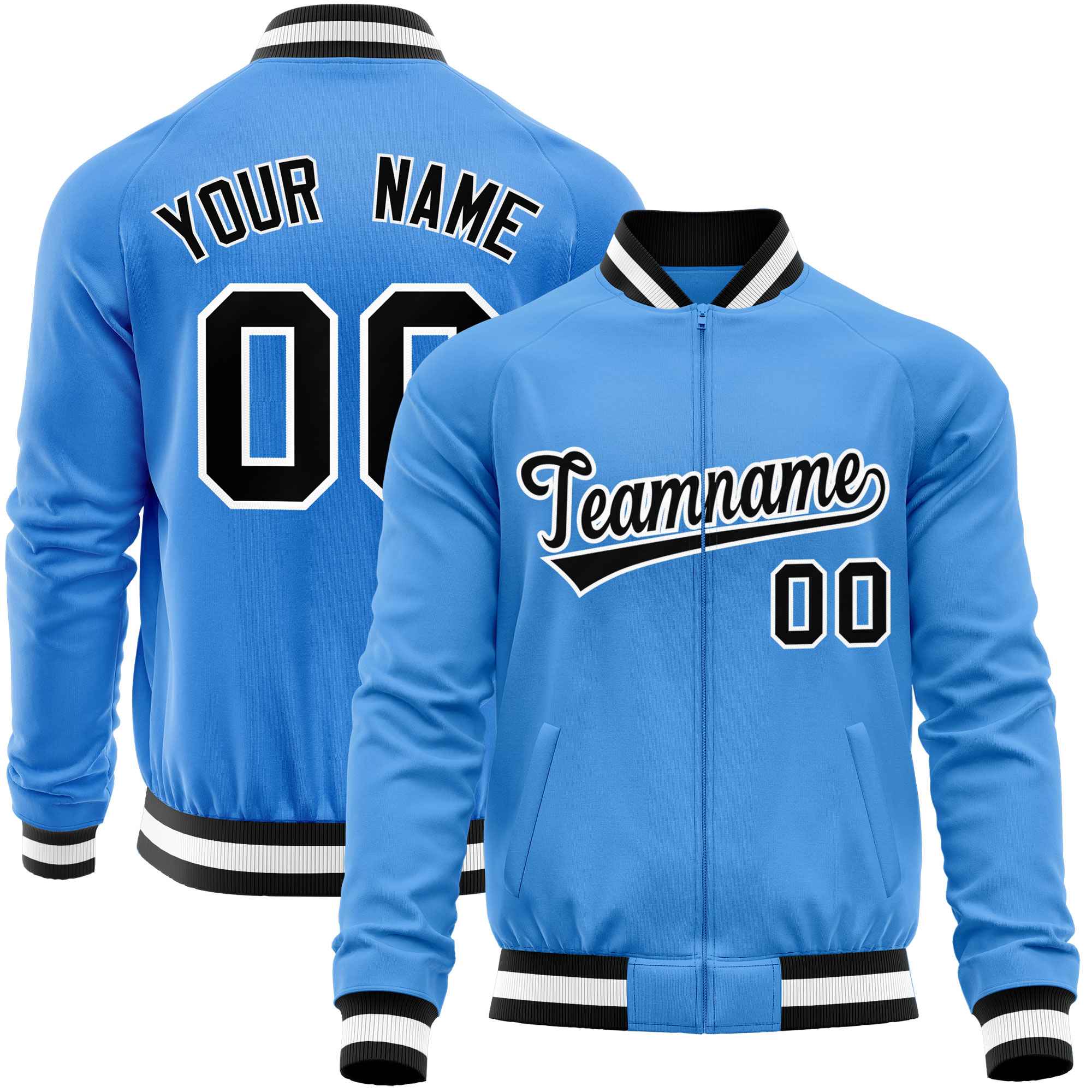 Custom Powder Blue Black Varsity Full-Zip Classic Style Letterman Baseball Jacket