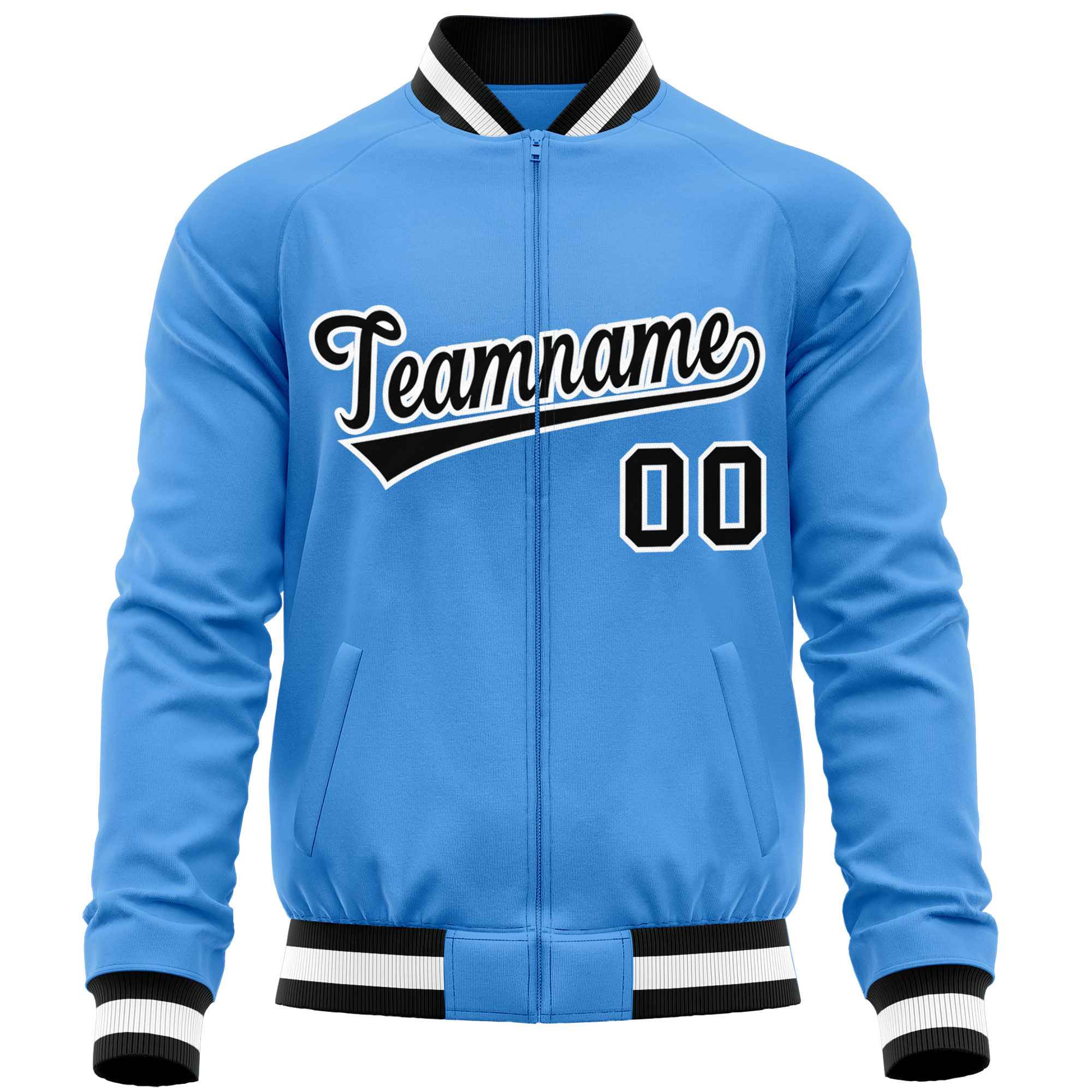 Custom Powder Blue Black Varsity Full-Zip Classic Style Letterman Baseball Jacket