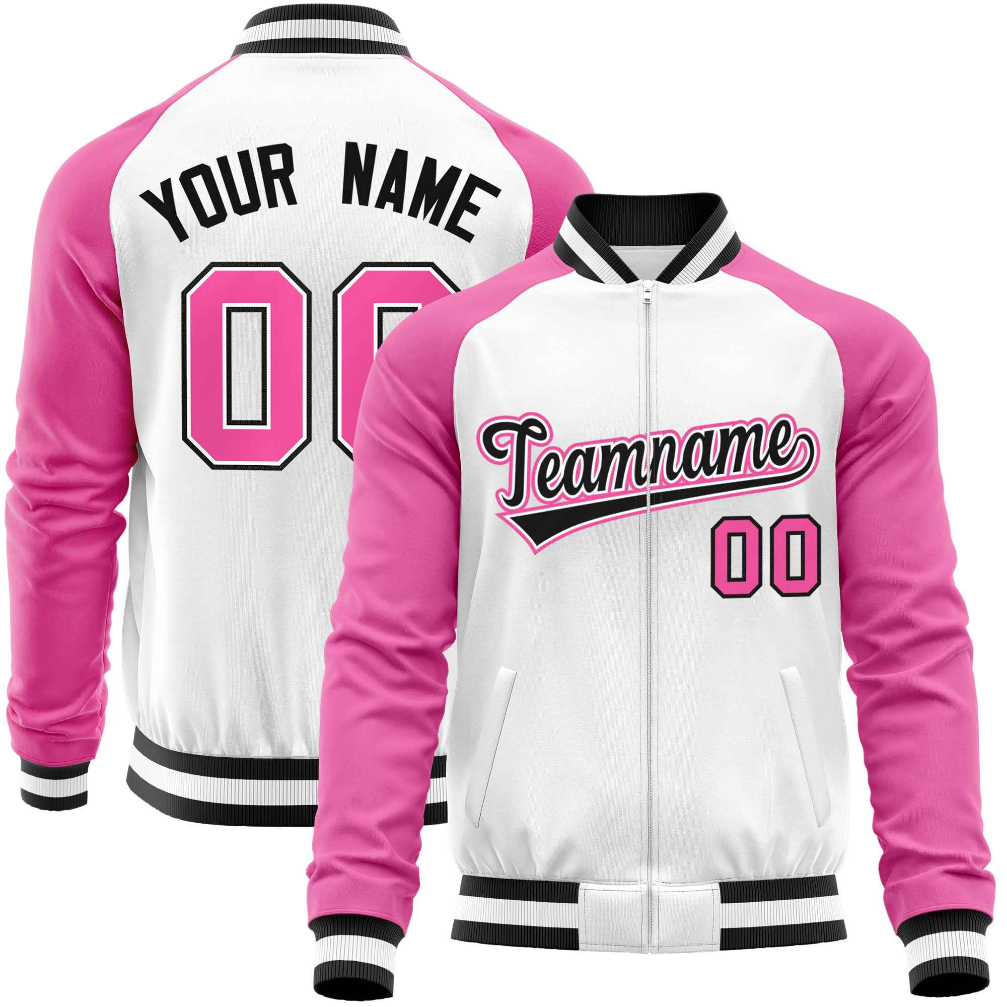 Custom White Pink-Black Varsity Full-Zip Raglan Sleeves Letterman Baseball Jacket