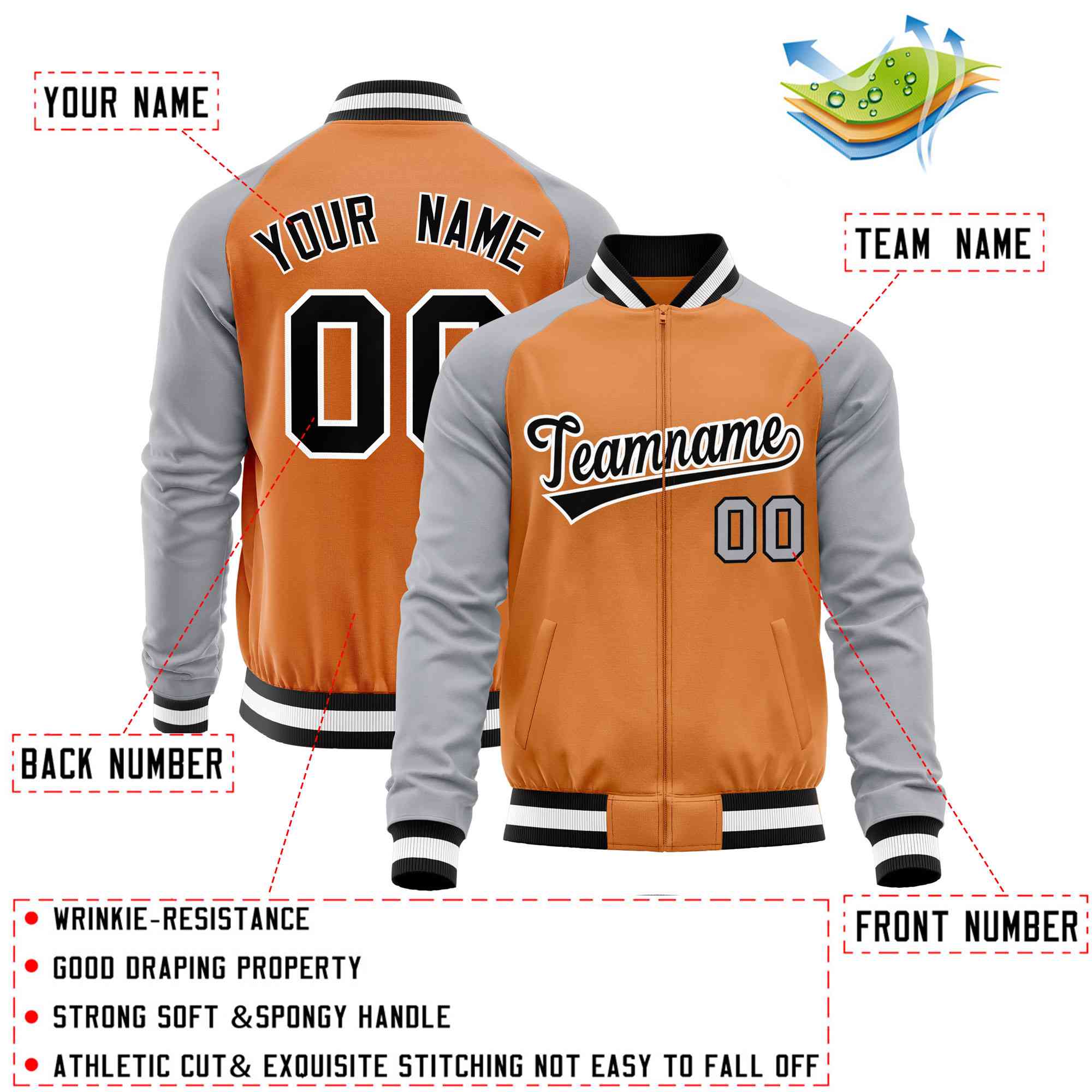 Custom Orange Gray Varsity Full-Zip Raglan Sleeves Letterman Baseball Jacket