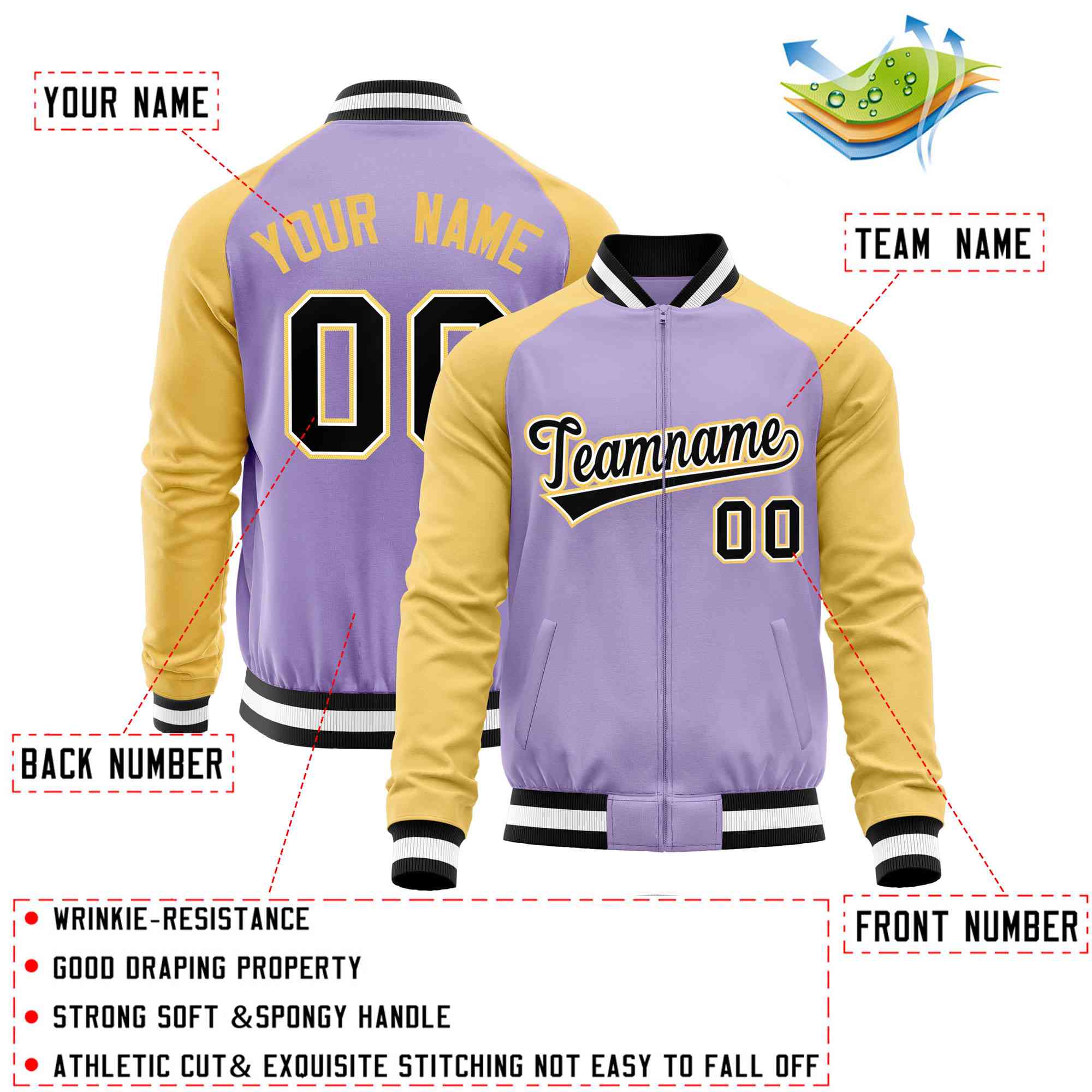 Custom Light Purple Yellow Varsity Full-Zip Raglan Sleeves Letterman Baseball Jacket