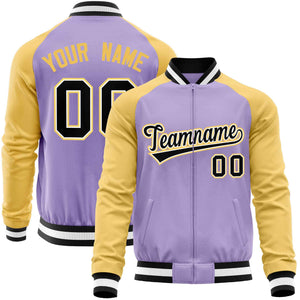 Custom Light Purple Yellow Varsity Full-Zip Raglan Sleeves Letterman Baseball Jacket