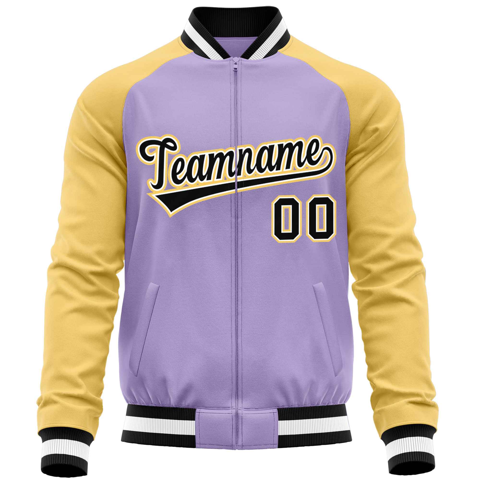 Custom Light Purple Yellow Varsity Full-Zip Raglan Sleeves Letterman Baseball Jacket