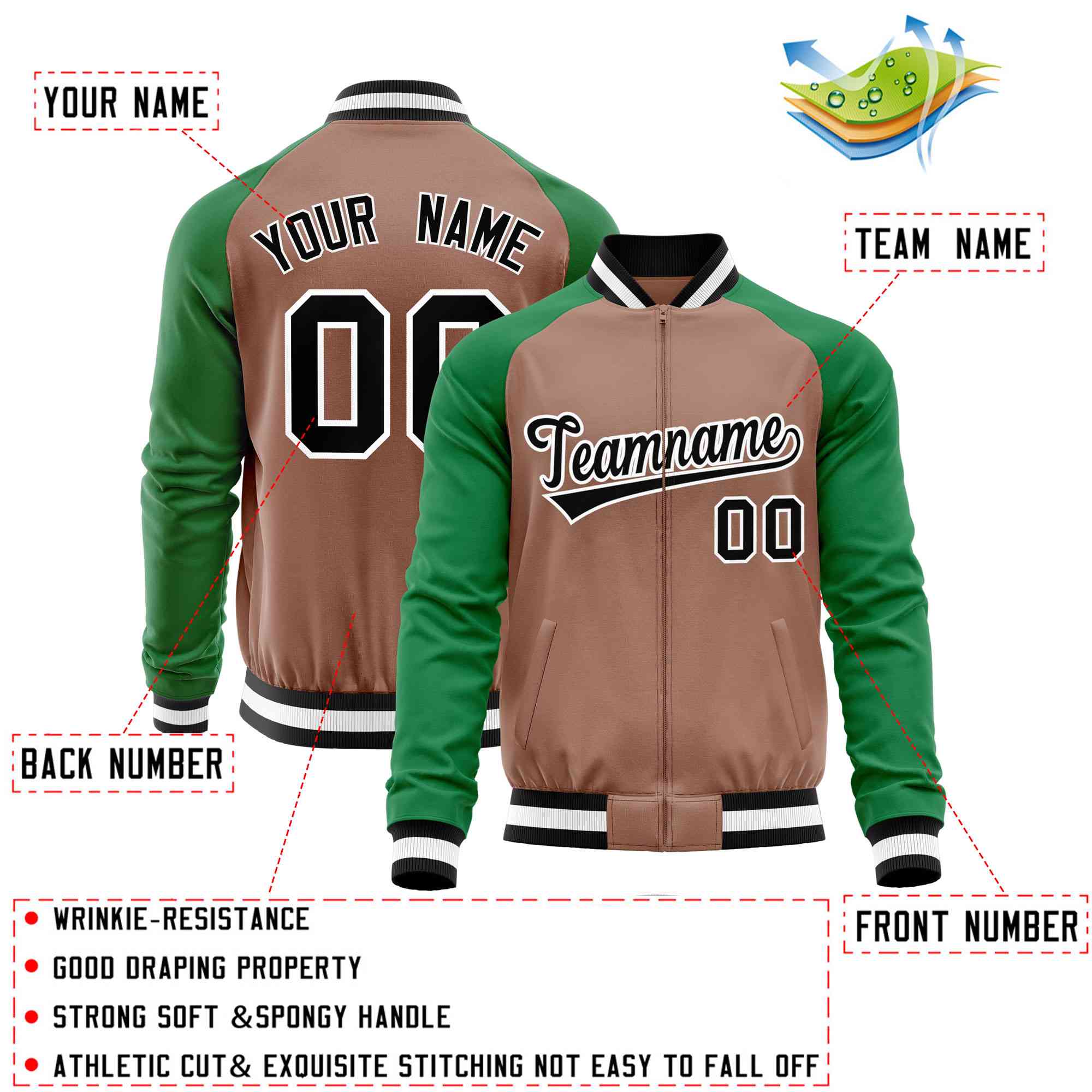 Custom Brown Kelly Green Varsity Full-Zip Raglan Sleeves Letterman Baseball Jacket