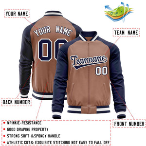 Custom Brown Navy Varsity Full-Zip Raglan Sleeves Letterman Baseball Jacket