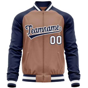 Custom Brown Navy Varsity Full-Zip Raglan Sleeves Letterman Baseball Jacket