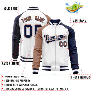 Custom White Navy-Brown Varsity Full-Zip Raglan Sleeves Letterman Baseball Jacket