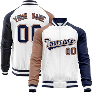 Custom White Navy-Brown Varsity Full-Zip Raglan Sleeves Letterman Baseball Jacket