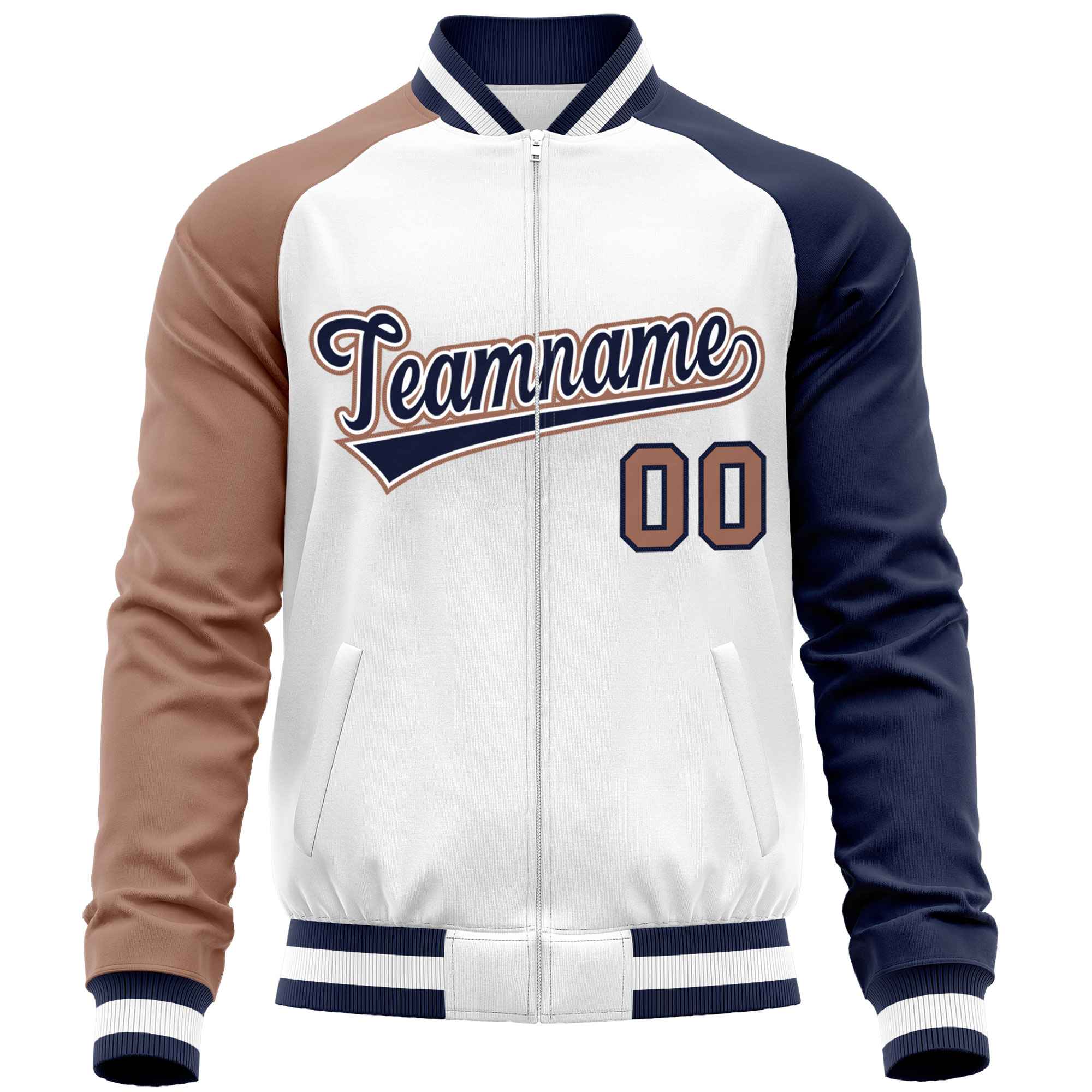 Custom White Navy-Brown Varsity Full-Zip Raglan Sleeves Letterman Baseball Jacket