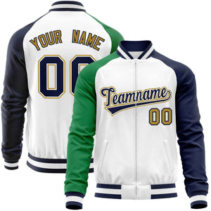 Custom White Navy-Kelly Green Varsity Full-Zip Raglan Sleeves Letterman Baseball Jacket