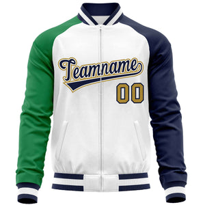 Custom White Navy-Kelly Green Varsity Full-Zip Raglan Sleeves Letterman Baseball Jacket