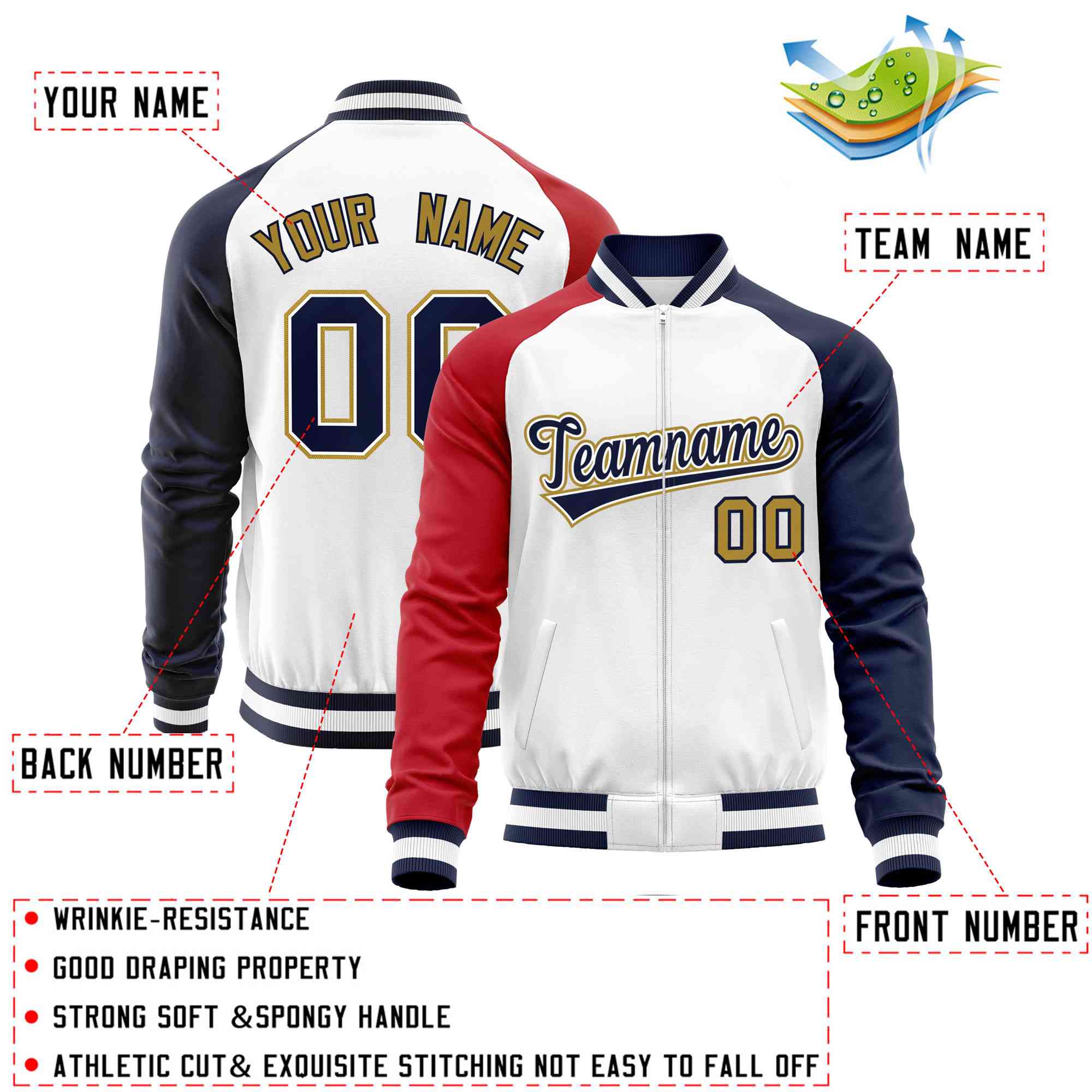 Custom White Navy-Red Varsity Full-Zip Raglan Sleeves Letterman Baseball Jacket