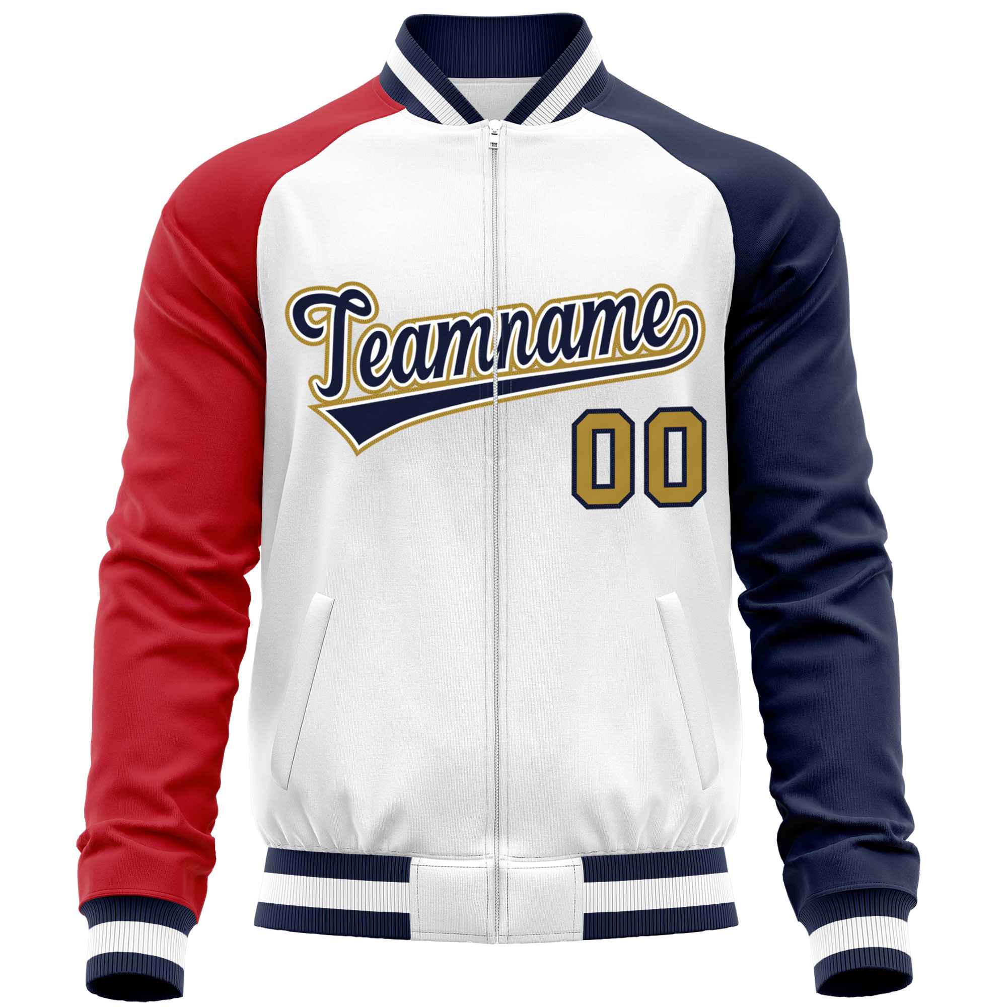 Custom White Navy-Red Varsity Full-Zip Raglan Sleeves Letterman Baseball Jacket