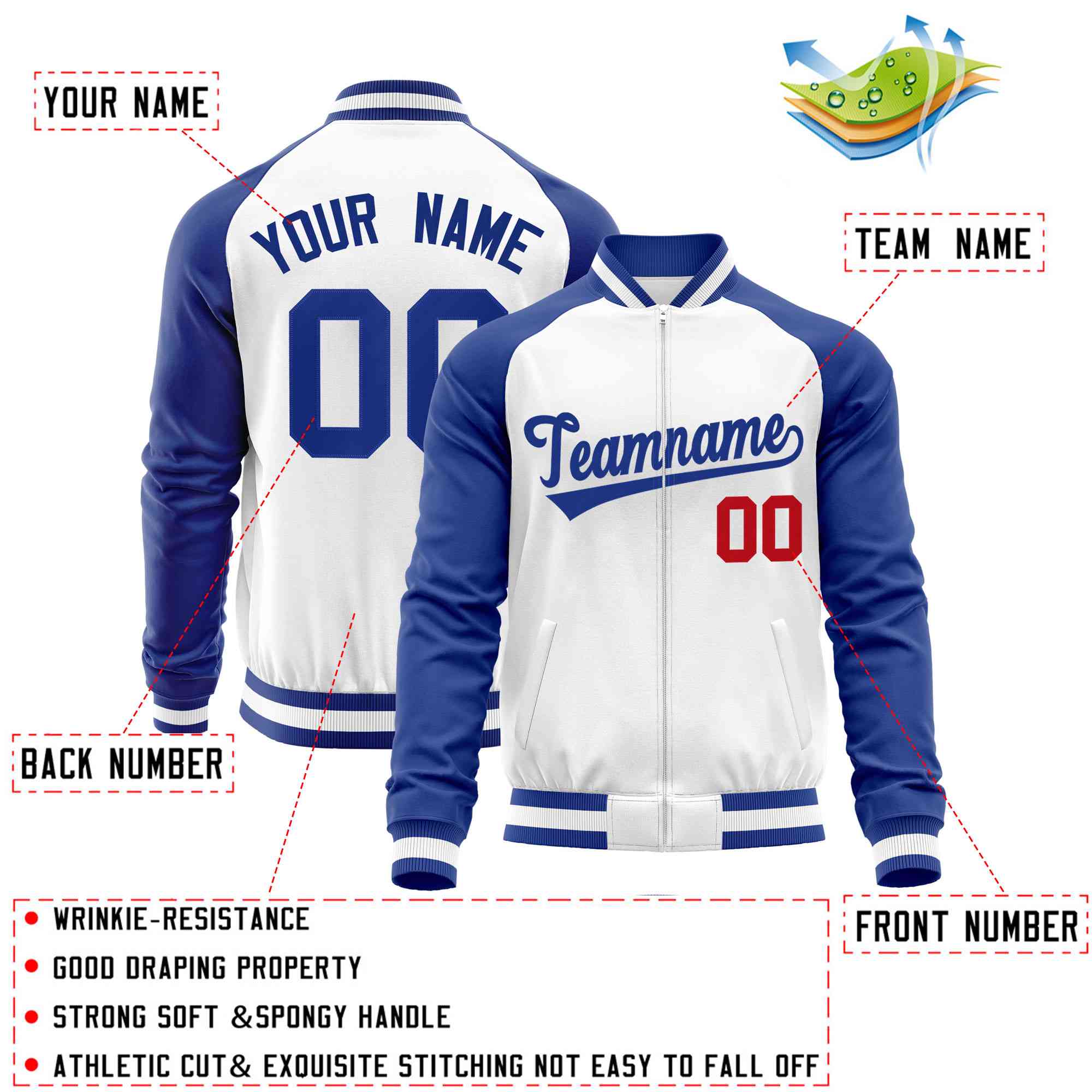 Custom White Royal Varsity Full-Zip Raglan Sleeves Letterman Baseball Jacket