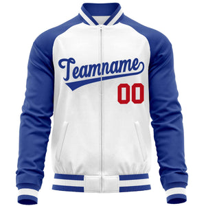 Custom White Royal Varsity Full-Zip Raglan Sleeves Letterman Baseball Jacket