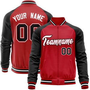 Custom Red Black Varsity Full-Zip Raglan Sleeves Letterman Baseball Jacket